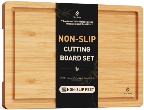 Extra Large Charcuterie Bamboo Board Non Slip Feet Over Sink Wooden Cutting Chopping Board Butcher Block Nice Solid Thick Juice Groove Big Xl XXl xlarge Hardwood Kitchen Counter Organic Meat BBQ Kit