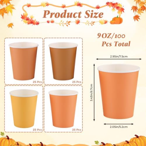 NatNarr 100 Pack Gradient Orange Paper Cups, 9oz Disposable Fall Cup