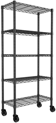 REGILLER 5-Wire Shelving Metal Storage Rack Adjustable Shelves,Standing Storage Shelf Units for Laundry Bathroom Kitchen Pantry Closet(Black,14.1" D x 30" W x 82" H,With Wheels)