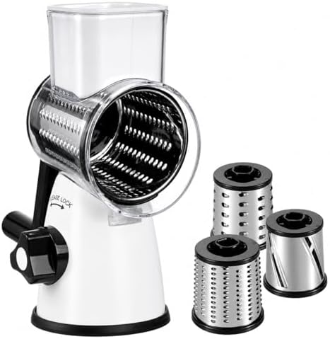 Rotary Cheese Grater with Handle, 3 Replaceable Blades (Milky White)