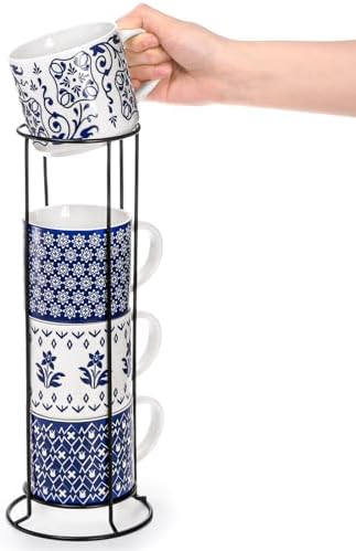 Eorbow 4 Pack Ceramic Coffee Mug Set with Rack, 16 OZ Stackable Cappuccino Cups with Metal Stand, Blue and White Porcelain Tea Mugs for Latte, Americano, Milk, Hot Cocoa, Beverages, Microwave Safe