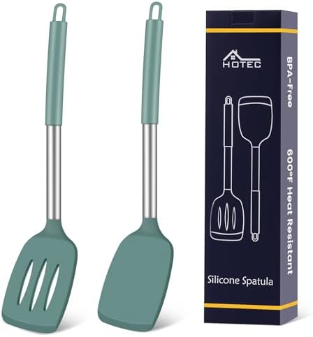 HOTEC Silicone Spatula Set of 2 Heat-Resistant 600F & BPA-Free Kitchen Spatula Turner with Stainless Steel Handles, Slotted & Solid Spatulas for Nonstick Cookware, 13.7 Inch, Sage Green