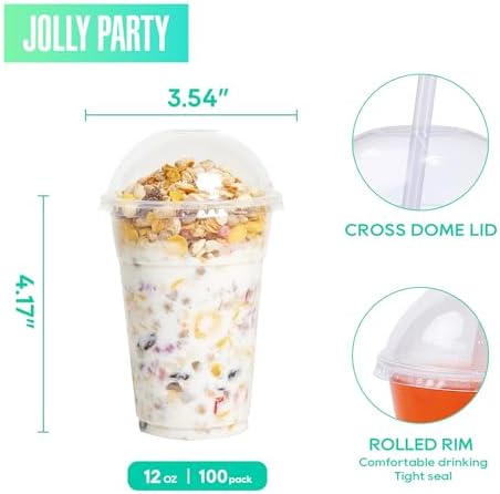 JOLLY PARTY 100 PACK 12 oz Clear Disposable Plastic Cups with Dome Lids