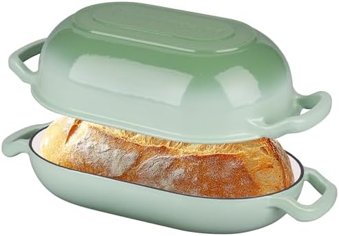 VORRINGARD Enameled Cast Iron Sourdough Bread Oven, Dutch Oven, Loaf Cast Iron Bread Pan for Homemade Bread Baking, Meatloaf Pan with Lid, 5QT, Green