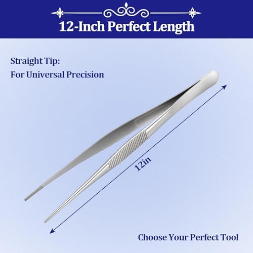 12-inch Stainless Steel Cooking Tongs & Tweezers, Non-Slip Grip & Serrated Tips for Grilling, Baking, Garnishing, BBQ, Kitchen & Craft Use (Straight Tip)