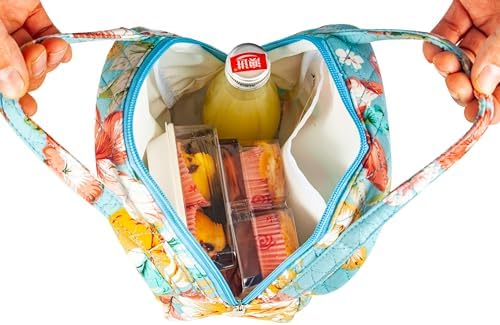 Machine Washable Women Quilted Fabric Insulated Reusable Cooler Lunch Bag Tote Adult Thermal Lunch Box Storage Bag for Ｗork (Floral)