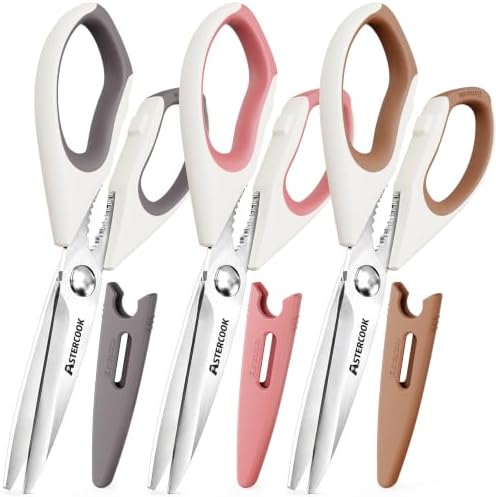 Astercook Kitchen Scissors, 3-Pack Heavy Duty Kitchen Shears with Stainless Steel Blades for Meat, Poultry, Herbs, Vegetables and Packaging, Dishwasher Safe