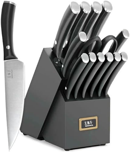 WANGMAZI 15-Pcs Knife Block Set, High Carbon Steel Ultra Sharp, Black
