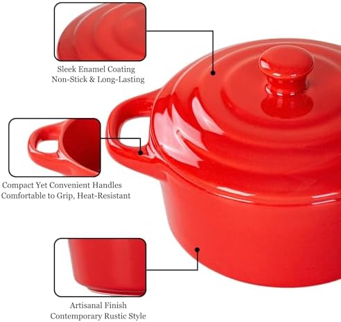 Mini Dutch Oven Set of 4, 14 oz Ceramic Mini Dutch Ovens with Lids and Handles, Ramekins with Lids for French Onion Soup, Pot Pies, Soufflés and Baked Desserts, Oven Microwave Dishwasher Safe, Mini Cocotte，（Red）