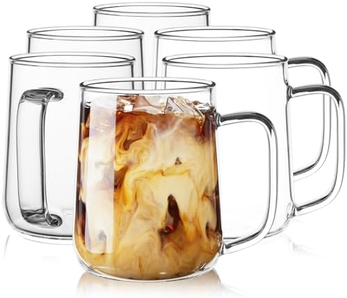 Glass Coffee Mugs, 16 oz Glass Coffee Cups Set of 6, Clear Borosilicate Glass Mugs with Handles for Cappuccino, Tea, Latte, Hot/Cold Beverages, Wine, Americano