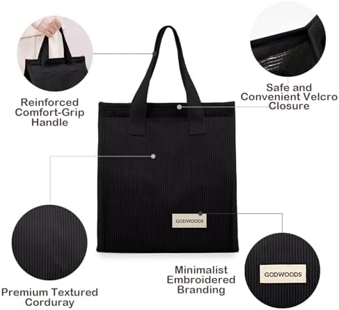 TELLUMO Corduroy Insulated Lunch Bag, 7.75L Large Capacity Reusable Lunch Box, Cute Lunch Tote for Women Men, Leakproof Lunch Cooler for Work Picnic Travel (Corduroy Black)