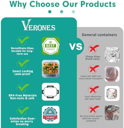VERONES 30 Pieces Glass Food Storage Containers Set with Lids, Green