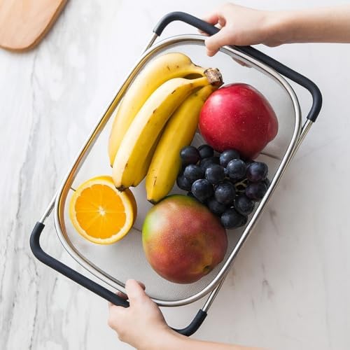 Premium Quality Over The Sink Stainless Steel Oval Colander with Fine Mesh 6 Quart Strainer Basket & Expandable Rubber Grip Handles - Strain, Drain, Rinse Fruits, Vegetables1 (1)