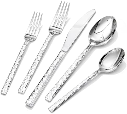 60 Piece Hammered Silverware Set, 18/10 Stainless Steel Flatware Set for 12