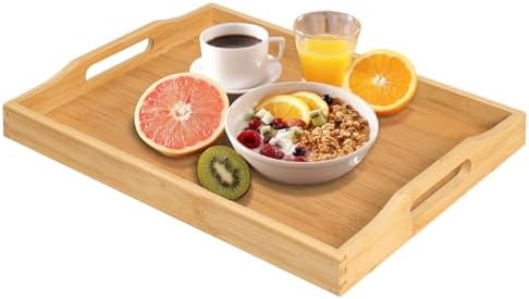 RRX Bamboo Food Serving Tray with Handles,Breakfast Bed Tray (Beige)
