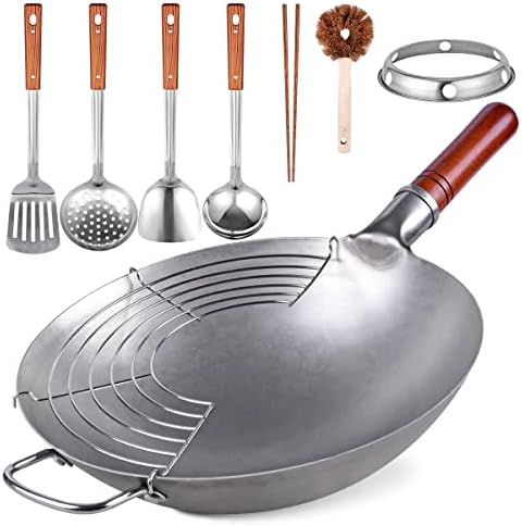 Teewe 13.4" Carbon Steel Wok Traditional Hand Hammered Round Bottom Wok