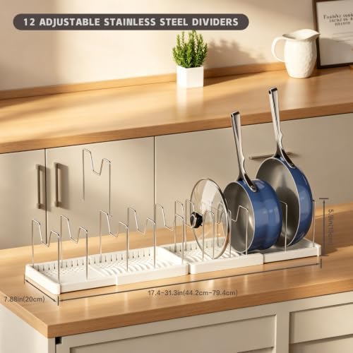 Magheo 2 Pack Expandable Food Storage Container Lid Organizers, 31.3" Pots and Pans Organizer Under Cabinet with 12 Adjustable Dividers Pot and Pan Lid Holders Rack Inside Cabinet(White)
