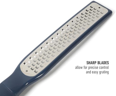 Calphalon Prime Grater and Zester, 2-Piece Stainless Steel Cheese Grater & Lemon Zester Set, Kitchen Graters with Non-Slip Rubber Handles & Protective Covers for Cheese & Vegetables, Navy Blue