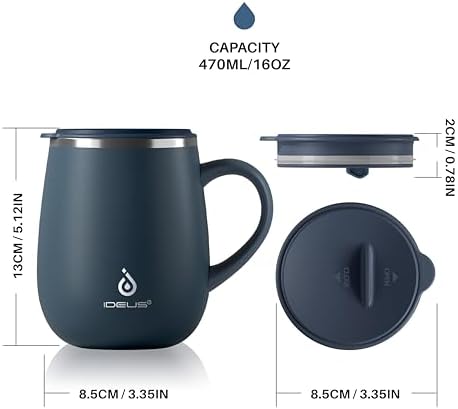 Ideus 16 oz Insulated Coffee Mug with Lid and Handle (Navy Blue 2.0)
