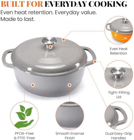 Sweetcrispy 6 Qt Enameled Cast Iron Dutch Oven Pot with Lid, Grey