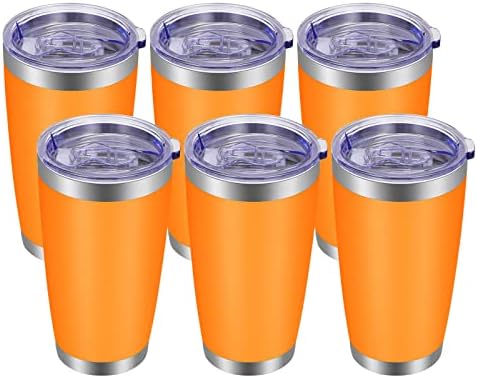 VEGOND 20oz Tumbler with Lid and Straw Stainless Steel Tumbler Cup Bulk Vacuum Insulated Double Wall Travel Coffee Mug Powder Coated Coffee Cup, Orange, 6 Pack