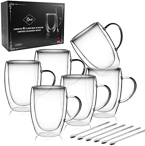 LIBWYS 6 Pack Double Walled Coffee Cups Glasses Mug 12oz Borosilicate Glass