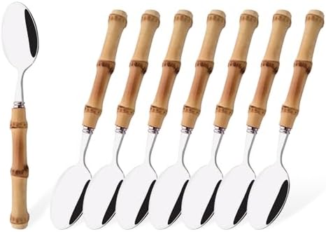Dessert Spoon Set with Bamboo Handle, 8-Piece Stainless Steel Shiny Silver Dessert Spoon, Natural Bamboo Cutlery, Creative Design Small Spoons for Home Restaurant, 6.65 inch, Handcrafted