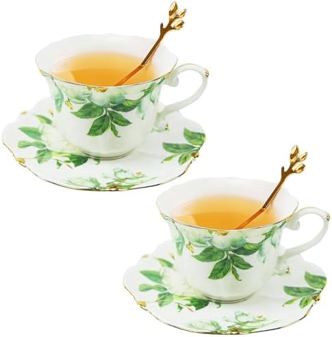 Country Roses Porcelain Tea Cup and Saucer Set with Gold Trim, Vintage Style, For Women and Tea Parties (2, Green)