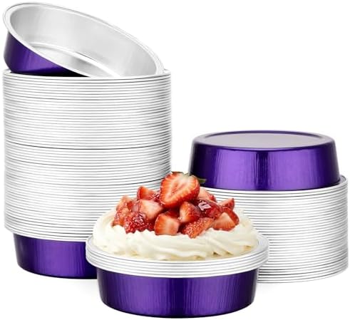 Beasea Aluminum Foil Pie Tart Tin, 100 Pack 7.3oz 215ml Disposable Baking Cups Foil Ramekins Only, 4" Mini Ramekin No Lids Cupcake Baking Pie Cups for Party - Violet Purple