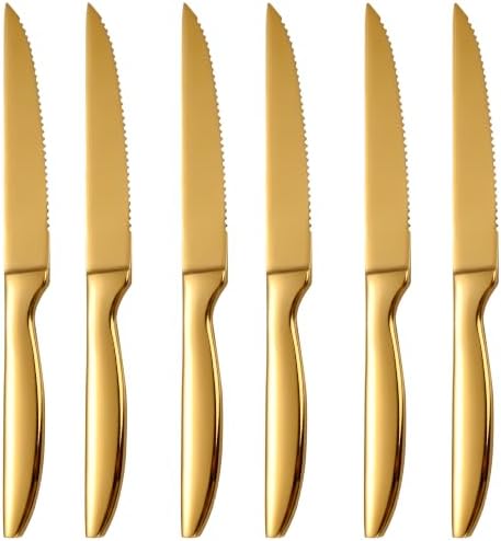 Serrated Steak Knives Set of 6, Gold Kitchen Steak Knives Dishwasher Safe