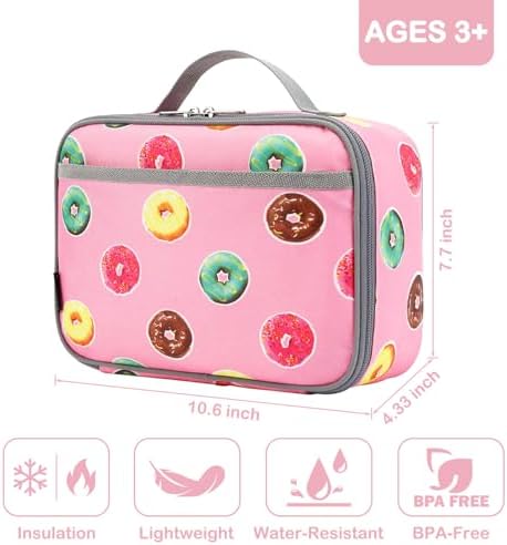 FlowFly Kids Lunch box Insulated Soft Bag Mini Cooler Back to School Thermal Meal Tote Kit for Girls, Boys, Doughnut