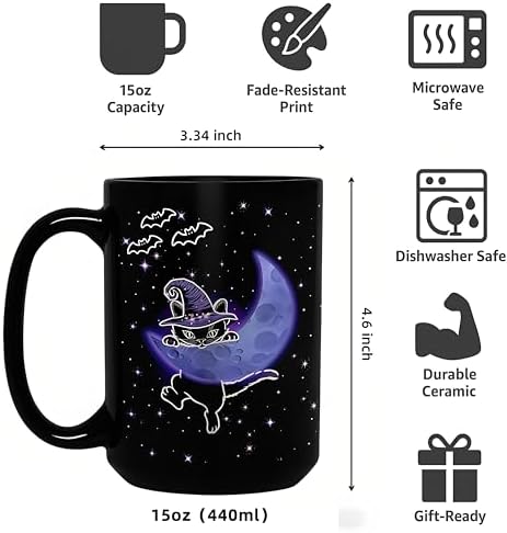 Halloween Witchy Cat Coffee Mug for Cat Lovers, 15oz Black Ceramic Tea Cup