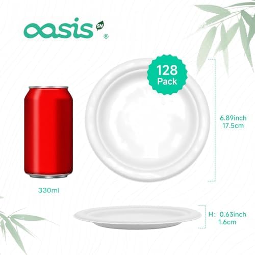 7 Inch 128 Pack Compostable Disposable Paper Plates, Heavy Duty Sugarcane Bagasse Plates, Biodegradable Eco-Friendly for Snacks & Parties, Unbleached White