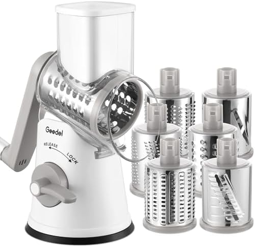 Geedel Rotary Cheese Grater Vegetable Shredder With 6 Interchangeable Blades No Slip Suction Base, Mandoline Slicer & Food Chopper for Cheese, Ice, Nuts, Vegetables, Veggie