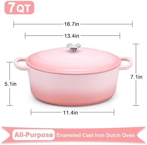 E-far 7QT Oval Dutch Oven Pot with Lid, Pink Enameled Cast Iron Dutch Oven
