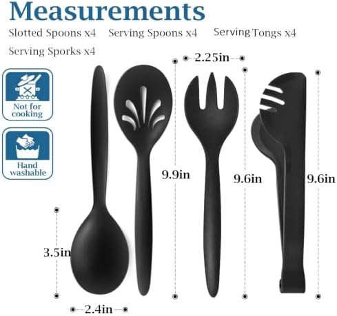 Reusable Plastic Serving Utensils Set of 16, 10" Wheat straw Large Serving set Serving Spoons/Slotted Spoons/Tongs/Sporks, for Party Buffet Catering (Black, Not for Cooking)