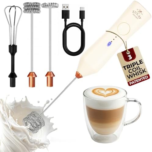 Zulay Kitchen Rechargeable Milk Frother Handheld - Frother Wand, Drink Mixer, Electric Whisk Frother, for Cappuccinos, Matcha & Protein Powder - Dynamic 3 Whisk, 3 Speed 500mAh Cream Gold