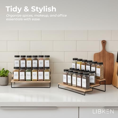 LIBKEN Tiered Spice Rack Organizer – Wood & Metal Countertop & Cabinet Spice Stand, Strong & Sturdy 3-Tier Shelf for Kitchen, Pantry, Seasoning Bottles – Minimal Scandinavian Design - Wood Brown