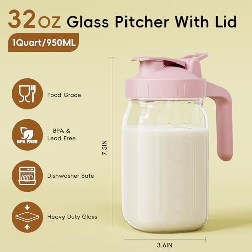 JunVpic Breast Milk Pitcher, 32 oz Wide Mouth Glass Mason Jar with Lid