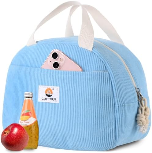 CaCTOUR Lunch Box Lunch Bag for Women Girls Teens, Cute Lunch Box Cooler Bag, Portable Small Insulated LunchBox Reusable Corduroy Lunch Tote for Work/Travel/Picnic/School(Blue)