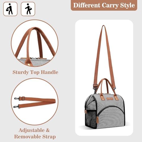 LOKASS Lunch Bag Insulated Lunch Box Wide-Open Lunch Tote Bag with Removable Shoulder Strap for Women/Men Adults Work Picnic Hiking Beach Fishing(Stripes)