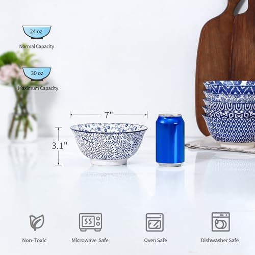 Selamica 7 inches Porcelain Cereal Bowl Set - Set of 6, Soup Bowls, Ceramic bowls for Cereal, Soup, Salad and Pasta, Vintage Blue