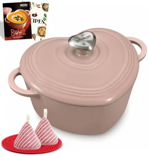 Overmont Enameled Cast Iron Dutch Oven - 2QT Pink Heart-Shaped Mini Pot