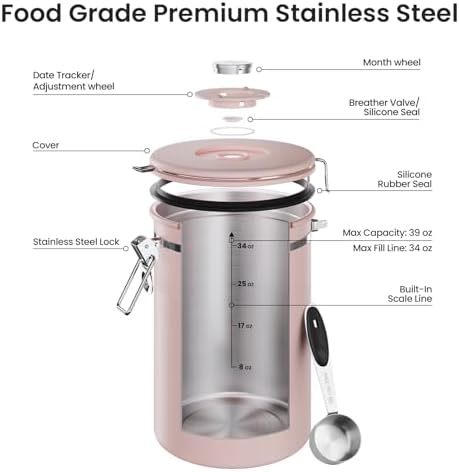 Veken Coffee Canister,39OZ, 2.2lbs,Large Airtight Stainless Steel Container