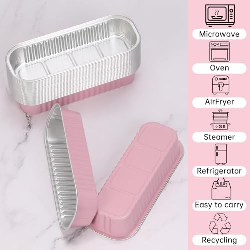 100 Pack 6.8 oz Rectangular Mini Loaf Pans with Lids and Spoons,Disposable Aluminum Foil Mini Cake Pans and Baking Tins with Sealing Stickers, Individual Pink Dessert Containers for Parties