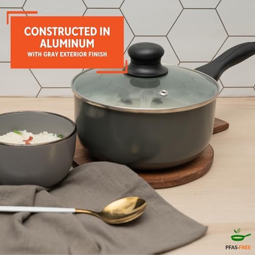 IMUSA Chef Cera Aluminum Ceramic Saucepan with Glass Lid, Gray, 1.5 Quarts (Pack of 2)