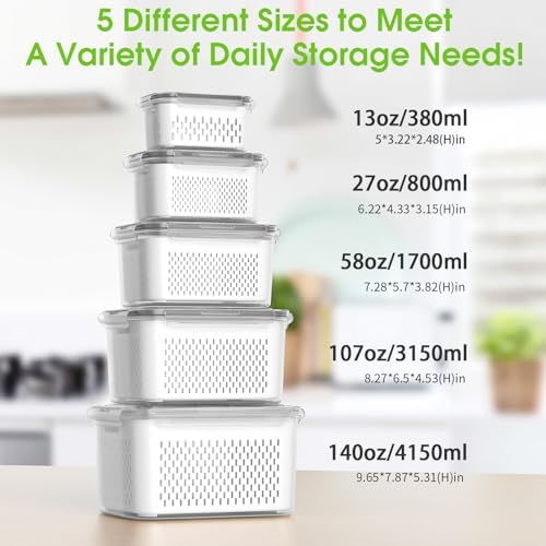 BOICHU Fruit Storage Containers for Fridge with Colander, Vent, Handle Lids