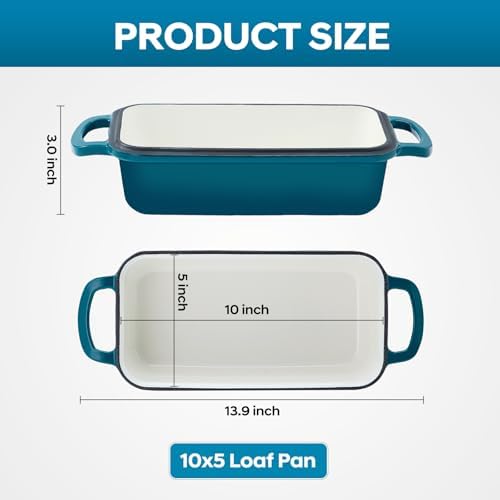 Cast Iron Loaf Pan with Lid 10x5 Inch Enameled Bread Loaf Pan for Sourdough, 2 Piece Set, Emerald