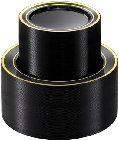 BESTVIP 200PCS Black Plastic Plate with Gold Rim