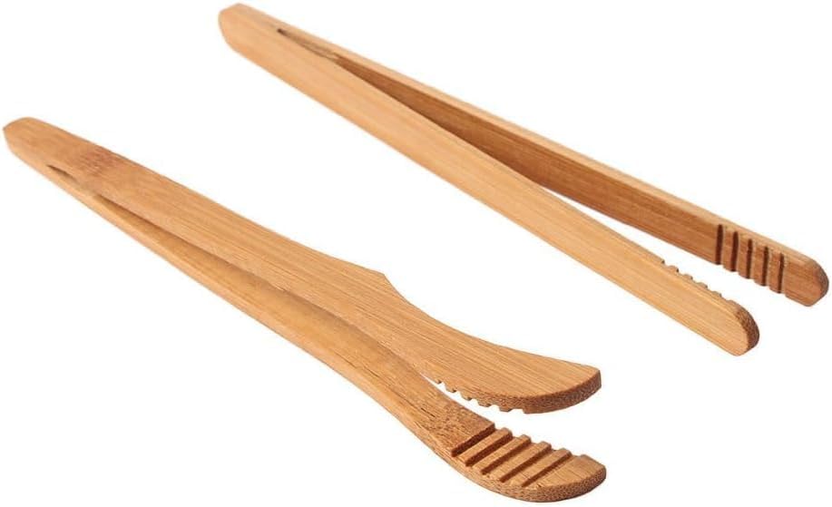 2Pcs Bamboo Toaster Tongs 6.6in/7in Long Tongs Food Clip Kitchen Tongs for Tea Bread Pickle BBQ Salad, Cooking and Holding, Cooking Tongs, Cooking Utensils(1 straight and 1 bent)